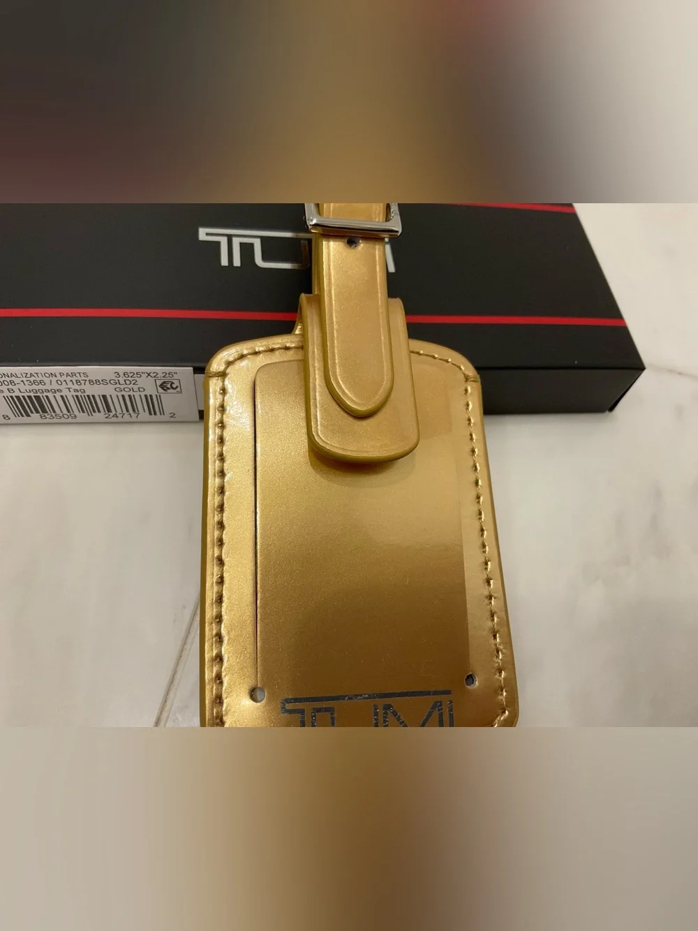 NEW Tumi 3.625” x 2.25” Leather Luggage Name Tag w/ Buckle - METALLIC GOLD